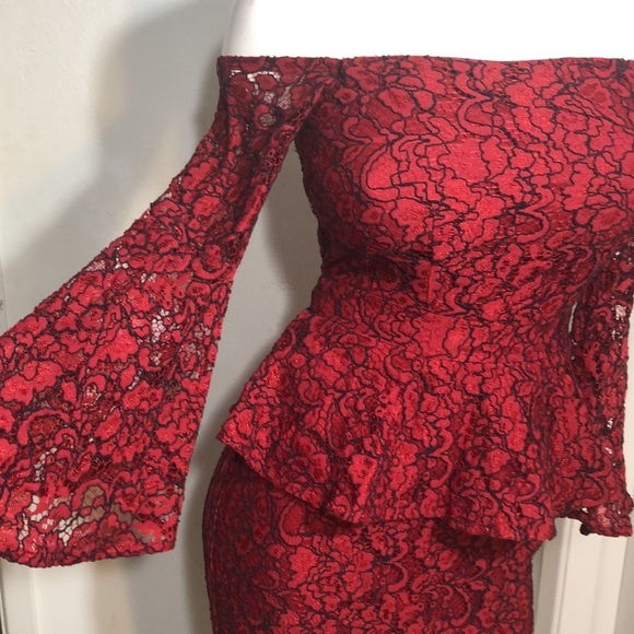 WhimsiGoth Red Black Tipped lace Peplum Cocktail Sexy Dress Sz 0 - Picture 7 of 14